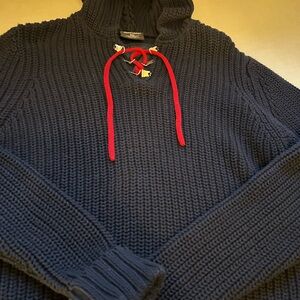 Ralph Lauren Dark Blue cable knit Knit hooded sweater with Red Accents